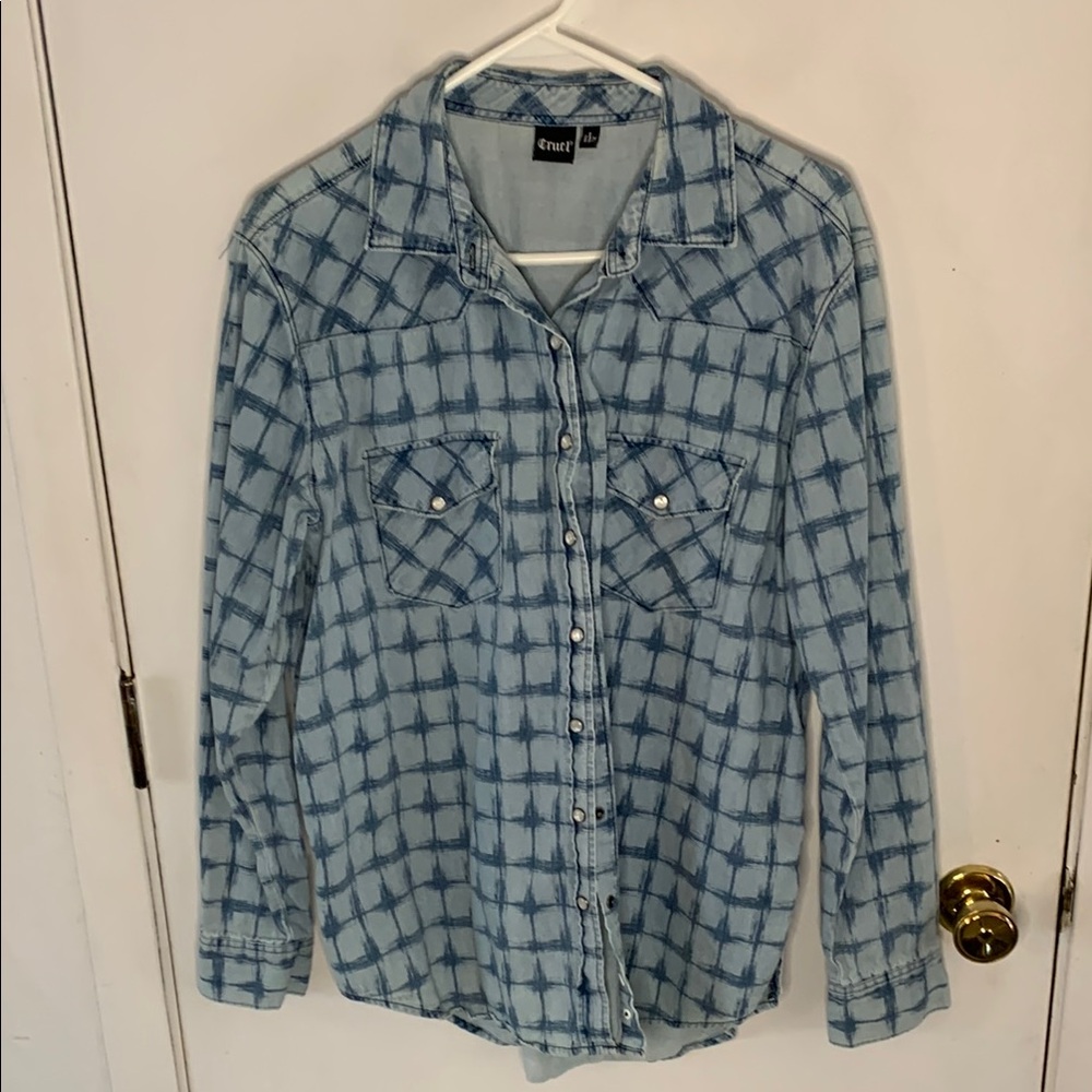 Cruel two tone blue denim chambray button down western LS shirt Size XL